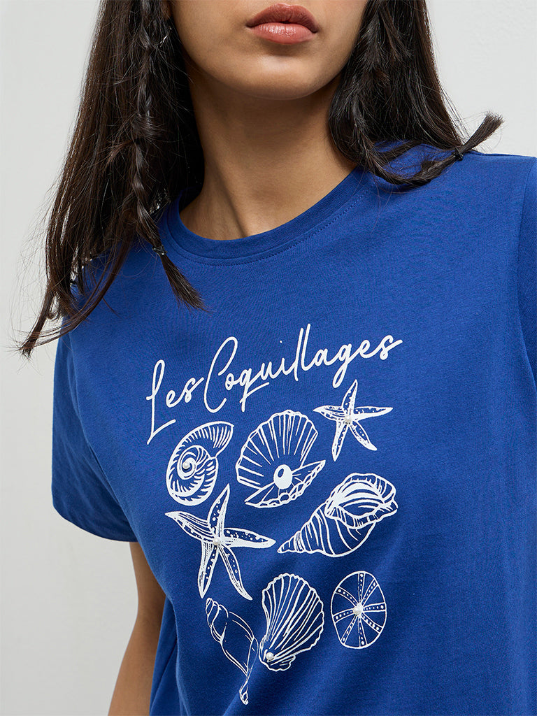 LOV Blue Printed Cotton T-Shirt