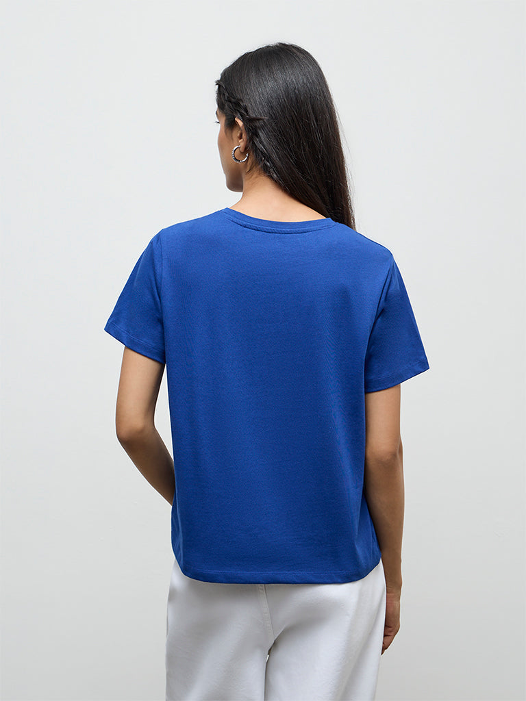 LOV Blue Printed Cotton T-Shirt