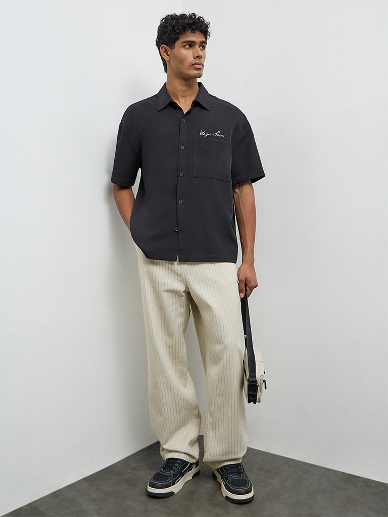 Nuon Black Text Embroidered Relaxed-Fit Shirt