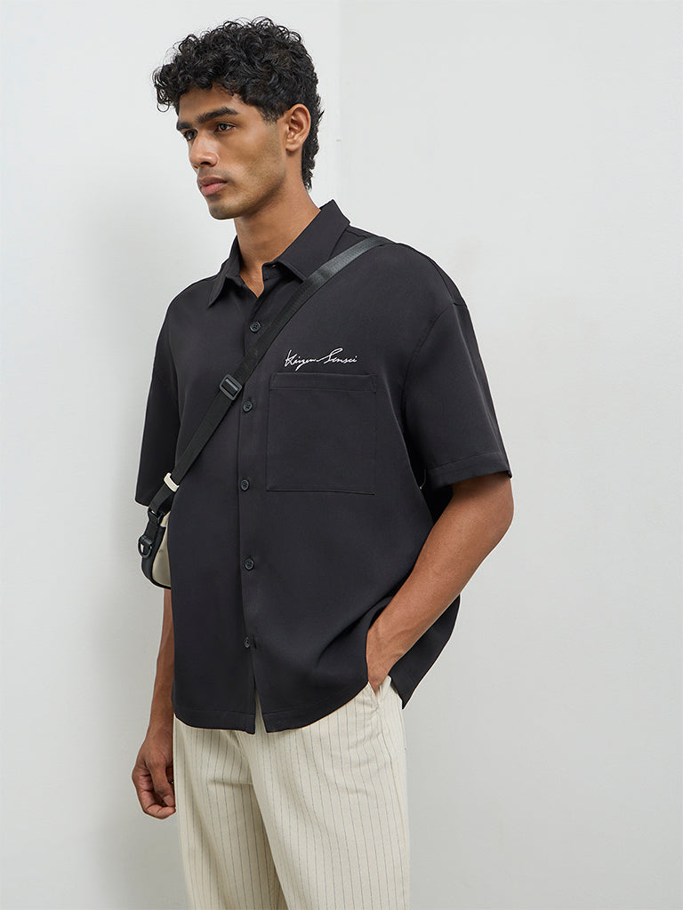 Nuon Black Text Embroidered Relaxed-Fit Shirt