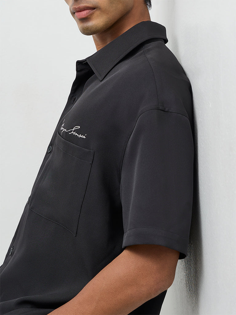 Nuon Black Text Embroidered Relaxed-Fit Shirt