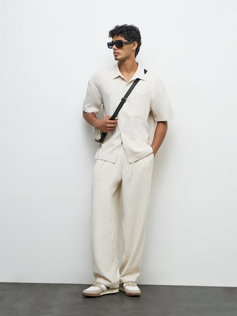 Nuon Light Beige Text-Detailed Boxy-Fit Shirt