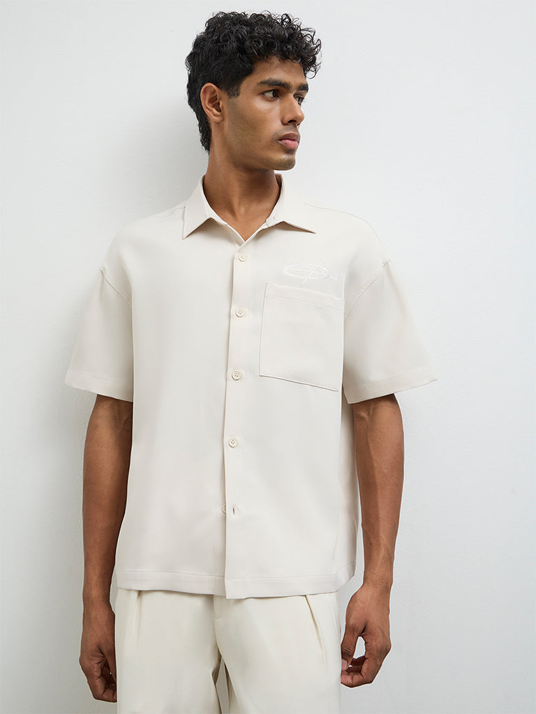 Nuon Light Beige Text-Detailed Boxy-Fit Shirt