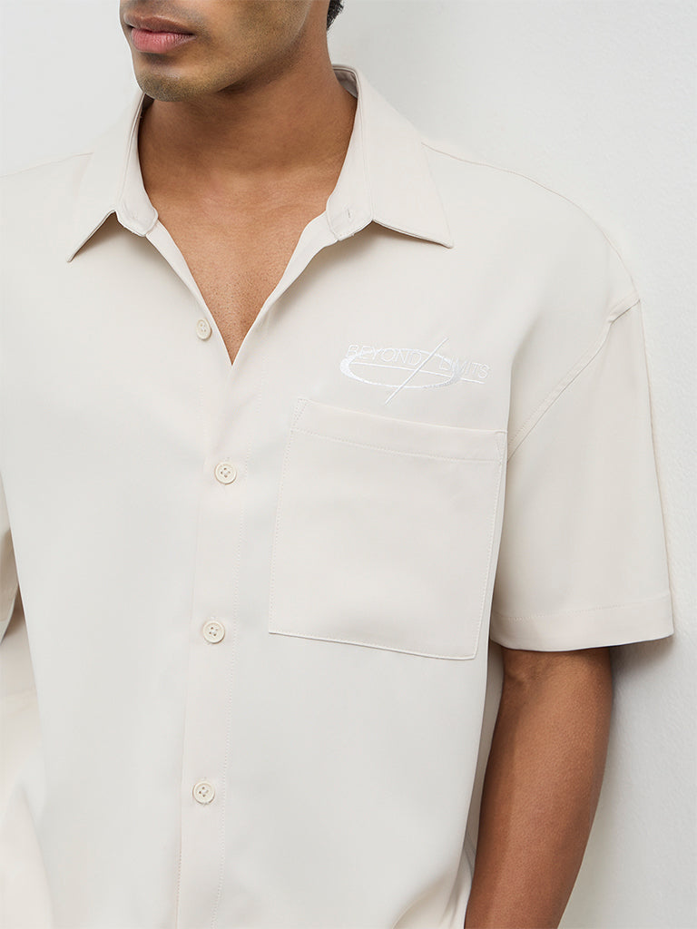 Nuon Light Beige Text-Detailed Boxy-Fit Shirt