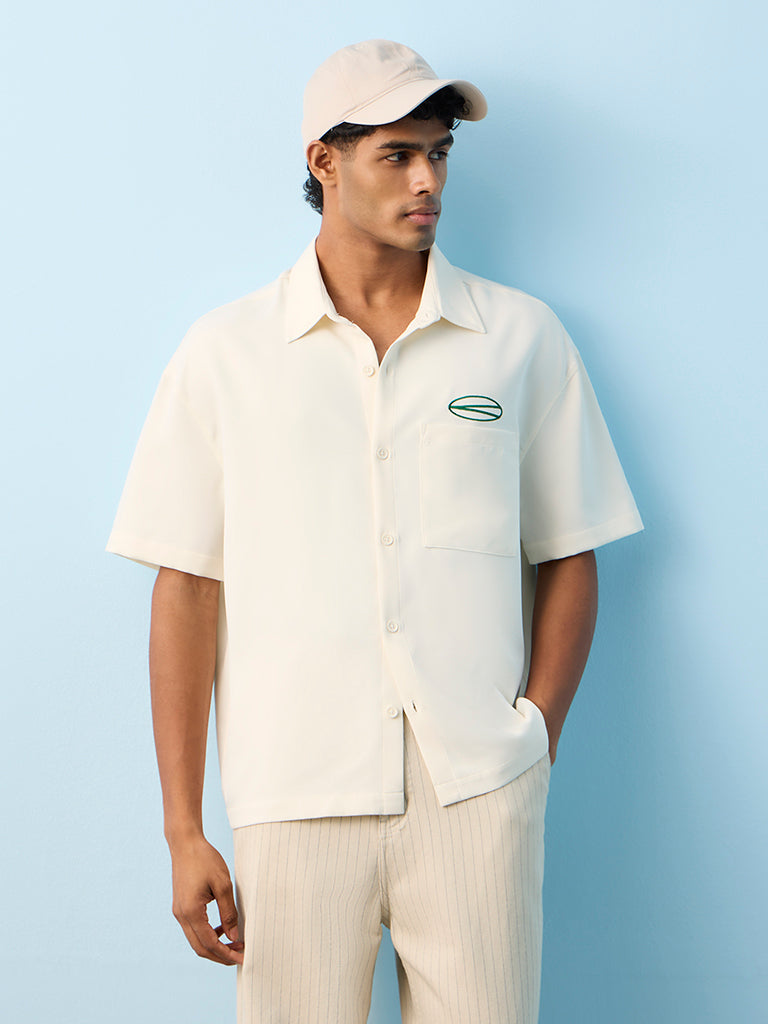 Nuon Off-White Text Embroidered Relaxed-Fit Shirt
