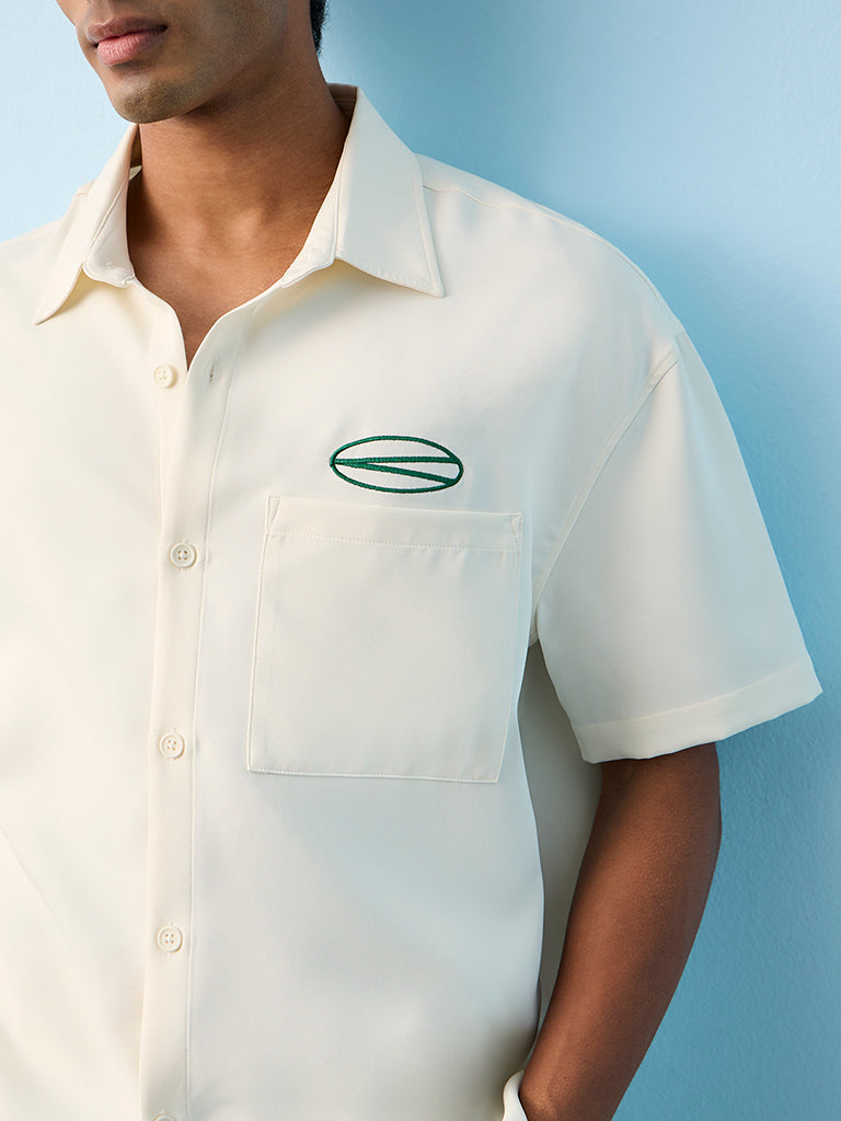 Nuon Off-White Text Embroidered Relaxed-Fit Shirt