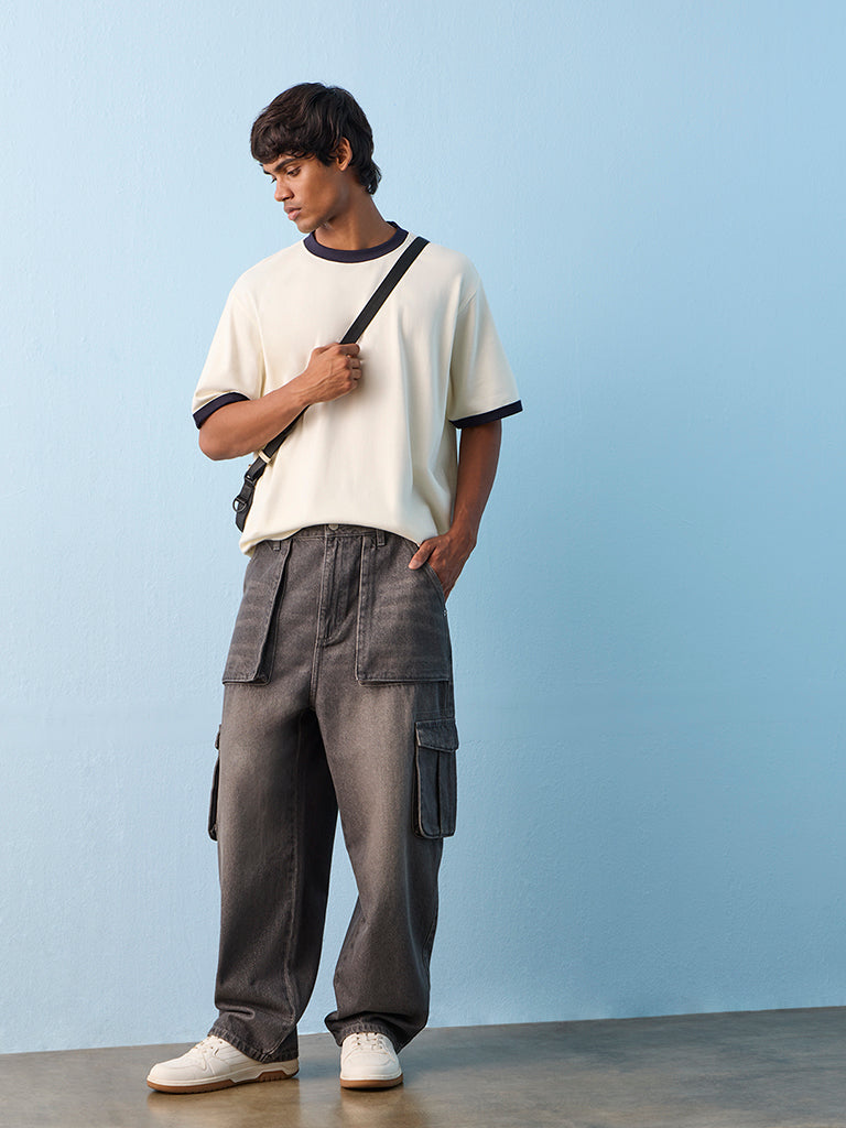 Nuon Charcoal Skater-Fit Mid-Rise Cargo Jeans