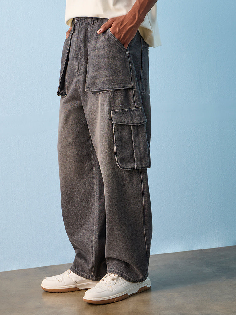 Nuon Charcoal Skater-Fit Mid-Rise Cargo Jeans