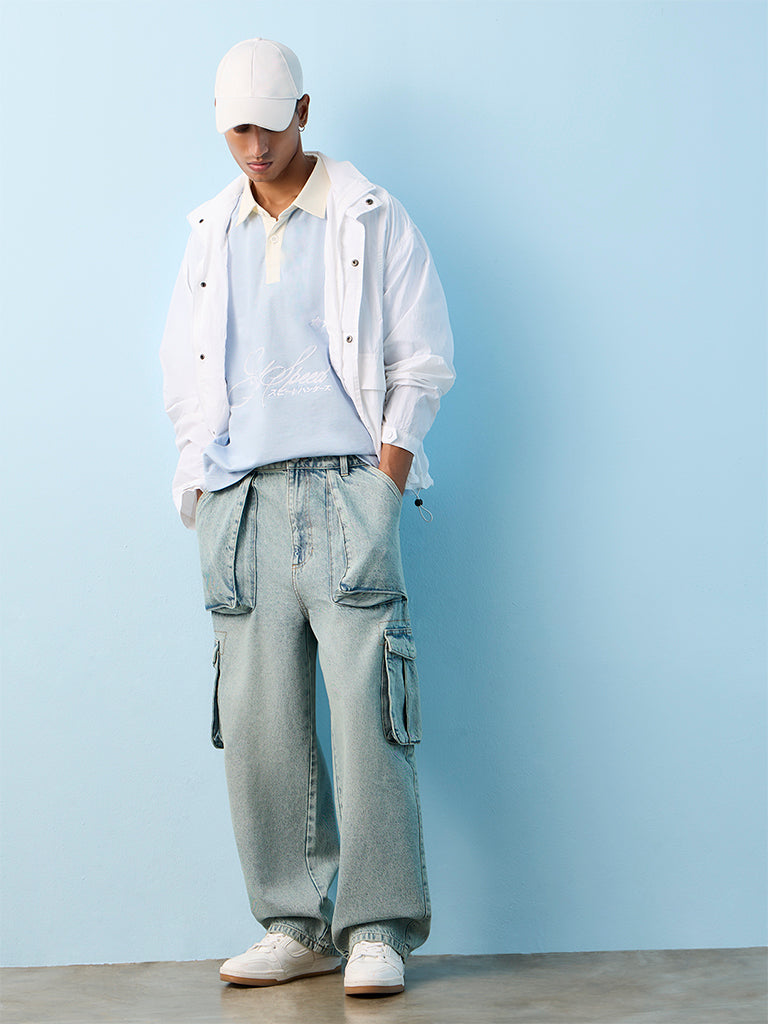 Nuon Light Blue Skater-Fit Mid-Rise Cargo Jeans