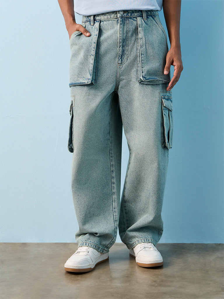 Nuon Light Blue Skater-Fit Mid-Rise Cargo Jeans