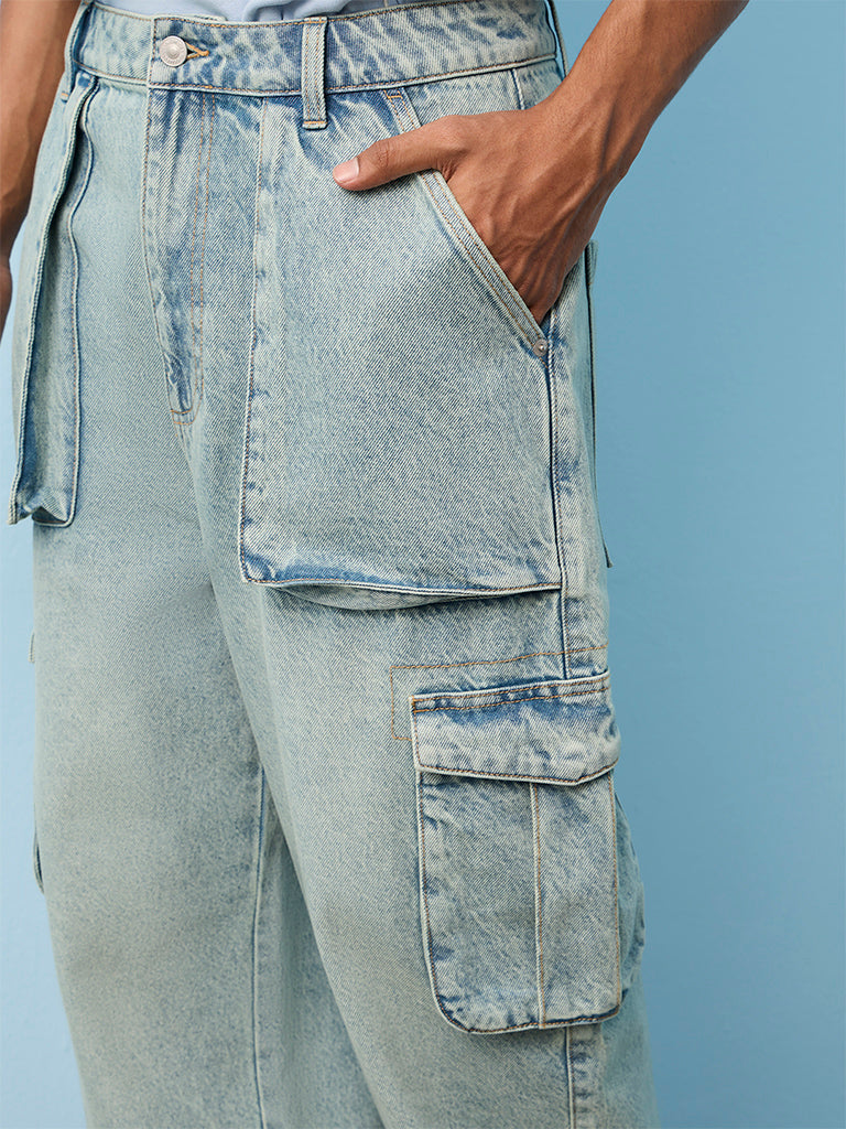 Nuon Light Blue Skater-Fit Mid-Rise Cargo Jeans