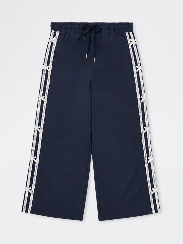 Girls Navy Bow-Detail High-Rise Track Pants