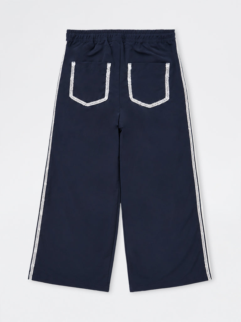 Girls Navy Bow-Detail High-Rise Track Pants