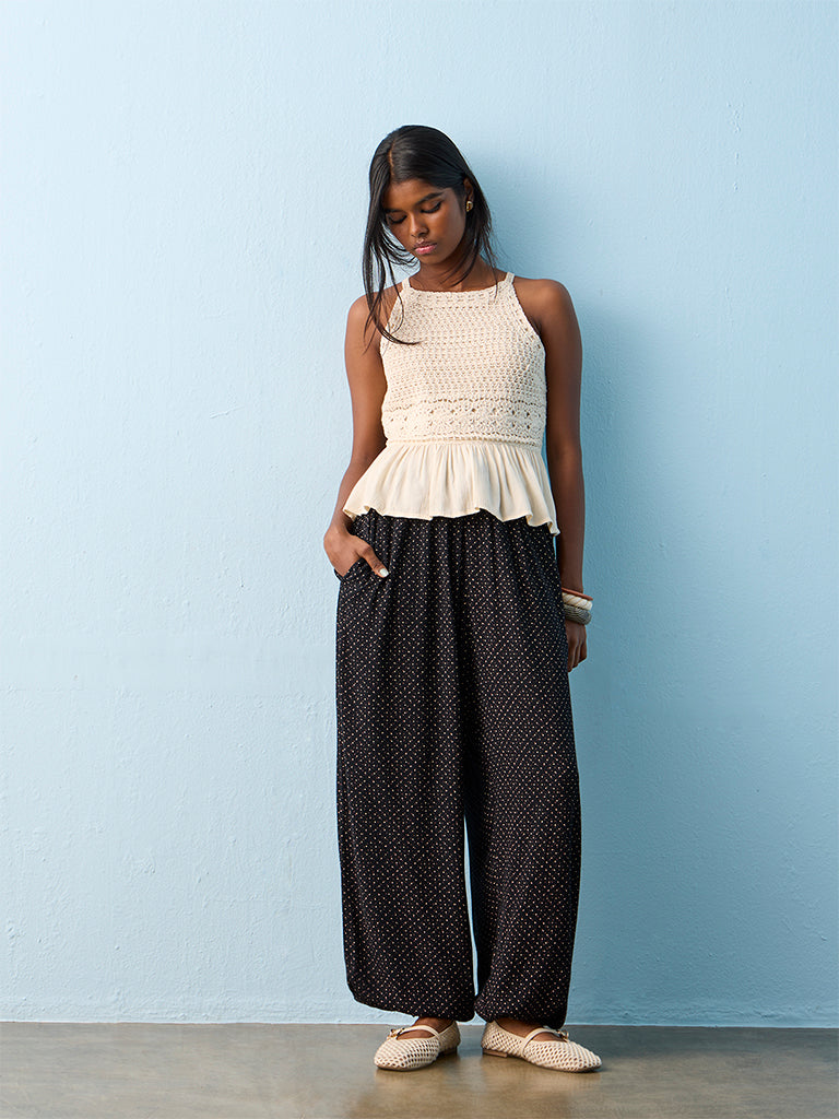 Bombay Paisley Black Printed Harem-Style Cotton-Blend Pants