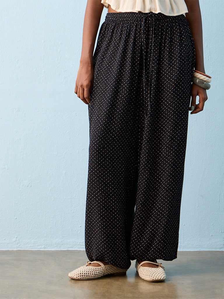 Bombay Paisley Black Printed Harem-Style Cotton-Blend Pants