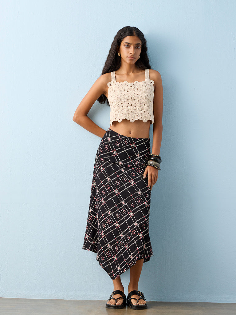 Bombay Paisley Black Printed Asymmetrical Cotton-Blend Skirt