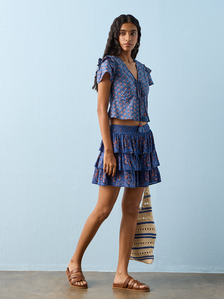 Bombay Paisley Blue Floral Pattern Cotton Mini Skirt