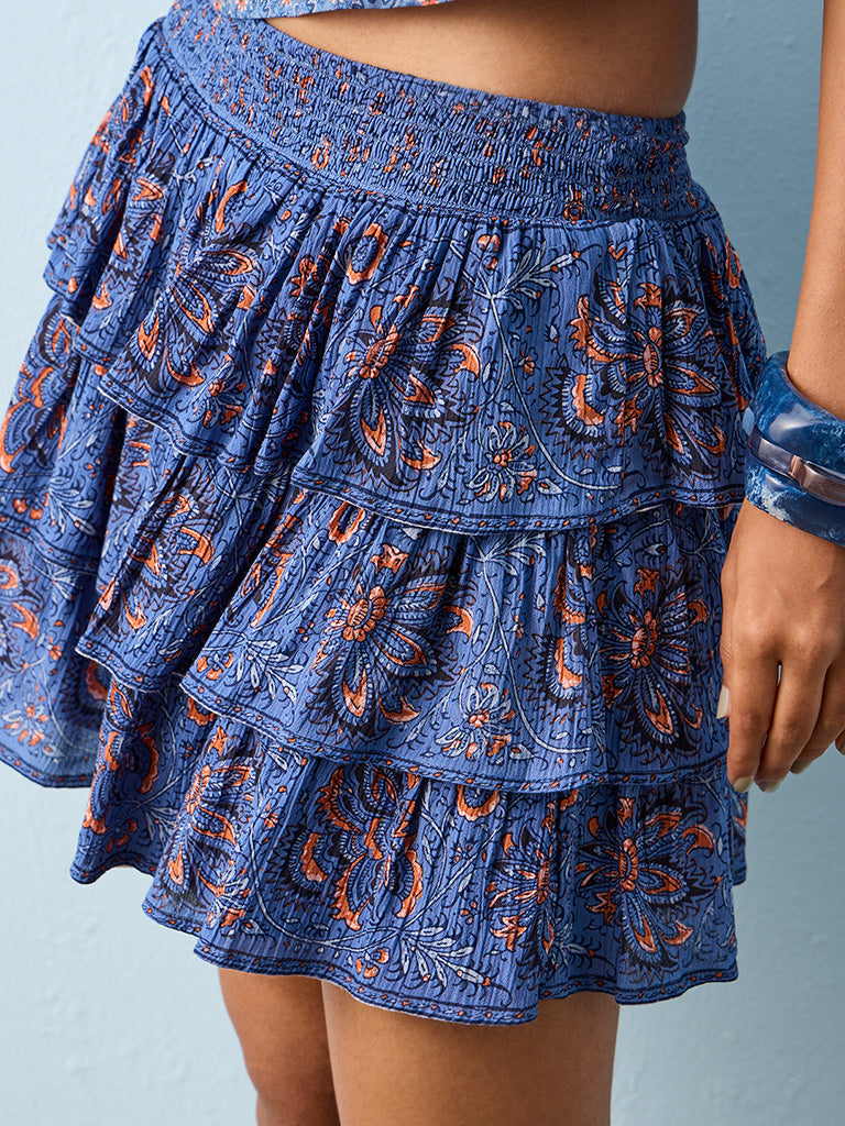 Bombay Paisley Blue Floral Pattern Cotton Mini Skirt