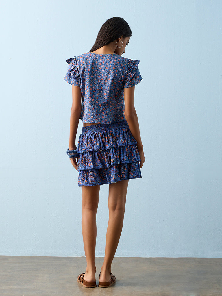 Bombay Paisley Blue Floral Pattern Cotton Mini Skirt