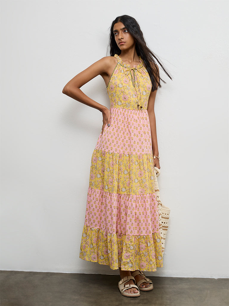 Bombay Paisley Yellow Floral Printed Cotton Tiered Dress