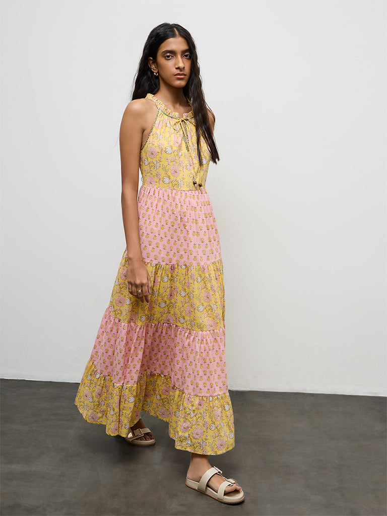 Bombay Paisley Yellow Floral Printed Cotton Tiered Dress