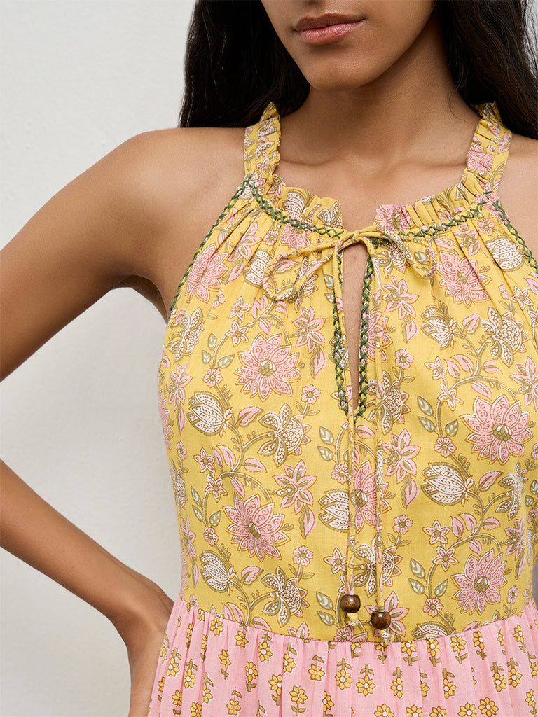 Bombay Paisley Yellow Floral Printed Cotton Tiered Dress