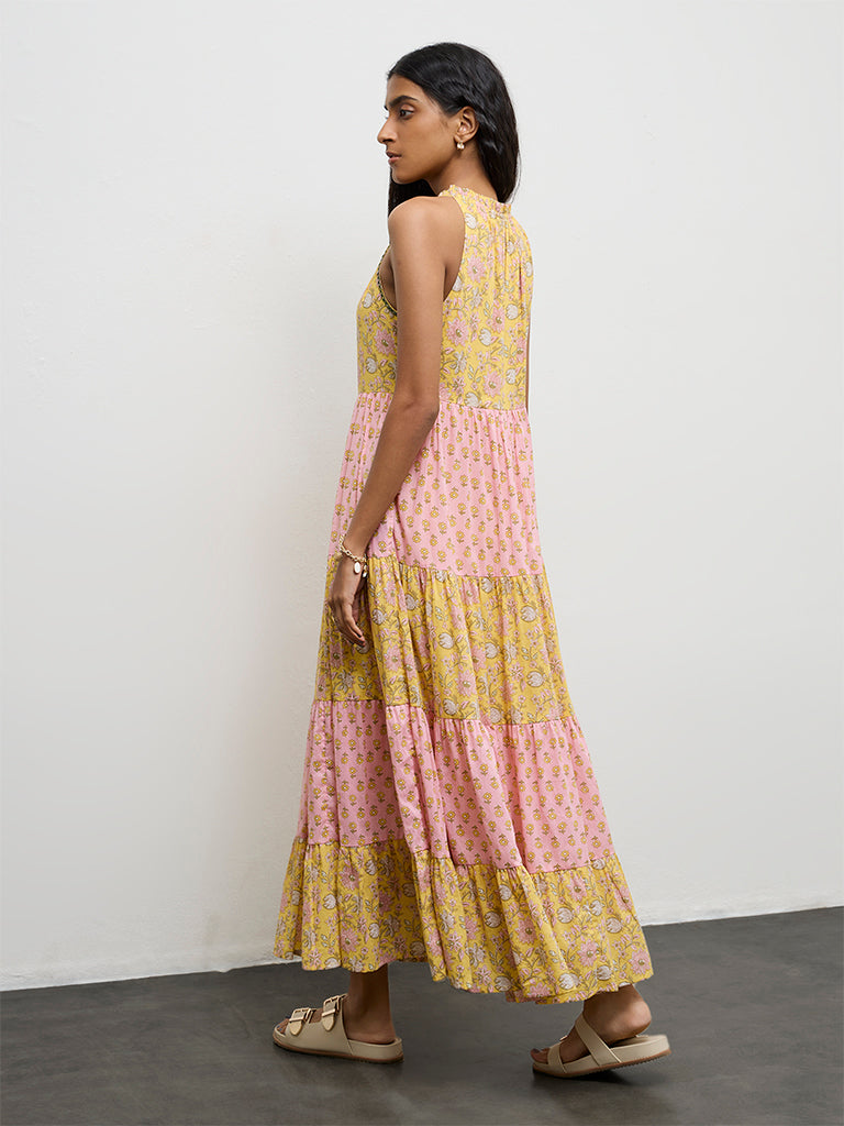 Bombay Paisley Yellow Floral Printed Cotton Tiered Dress