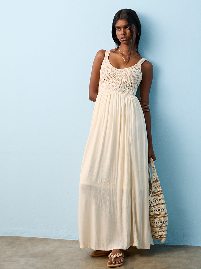 Bombay Paisley Off-White Crochet Design A-Line Dress