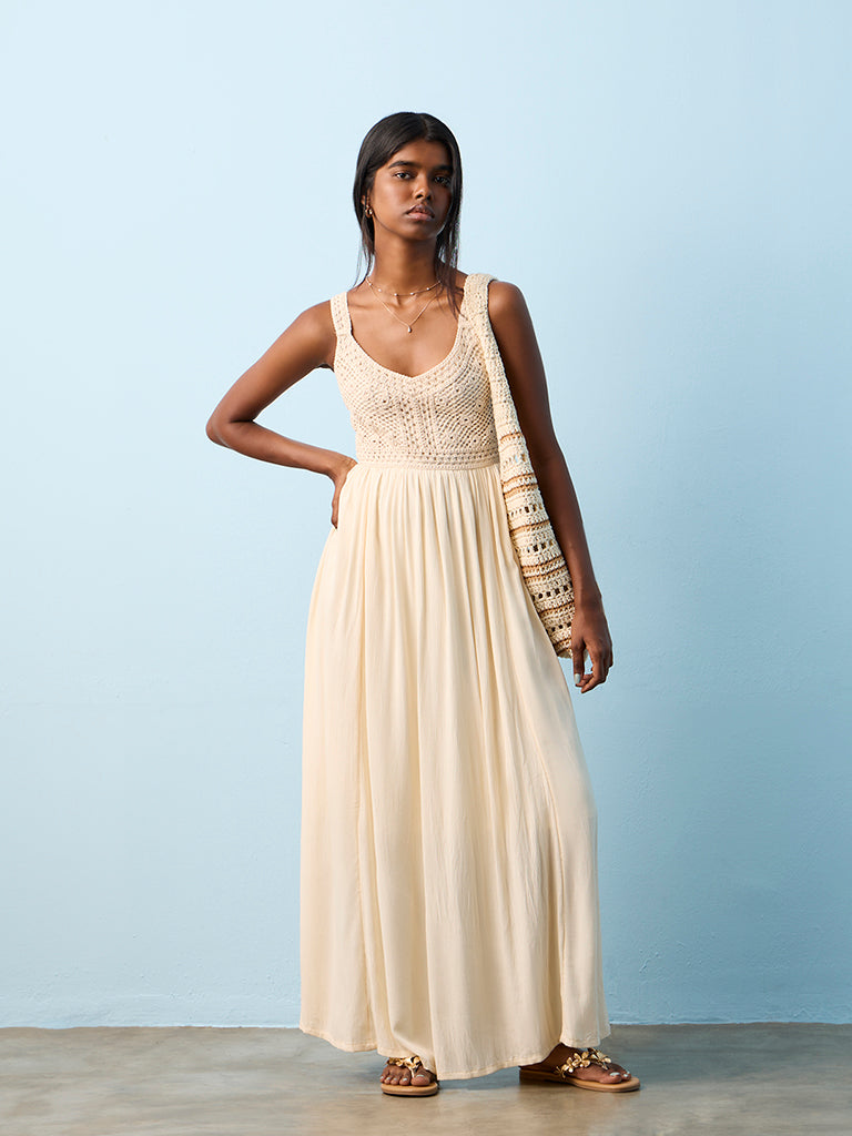 Bombay Paisley Off-White Crochet Design A-Line Dress