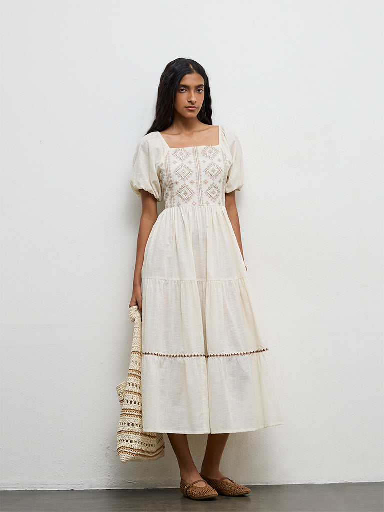 Bombay Paisley Off-White Embroidered Cotton Tiered Dress