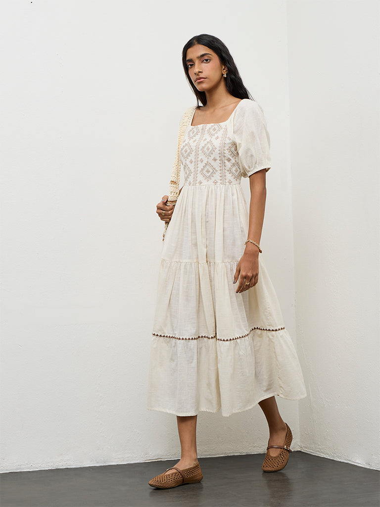 Bombay Paisley Off-White Embroidered Cotton Tiered Dress