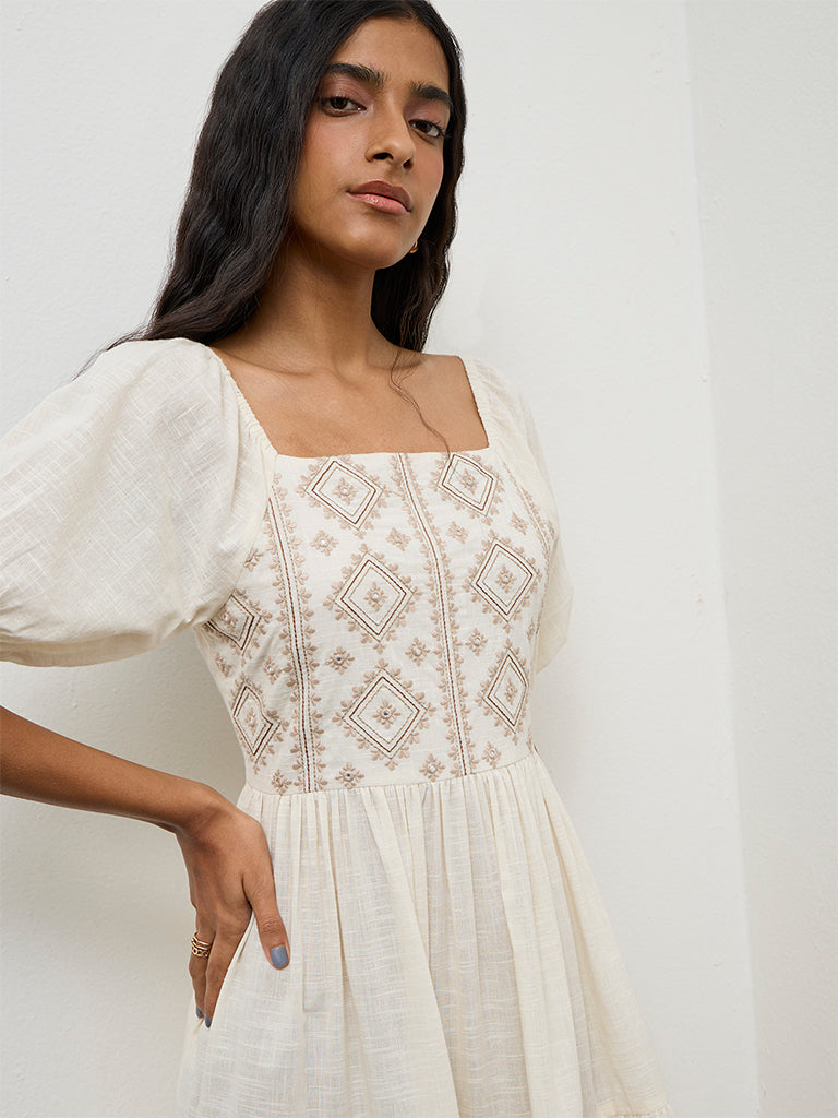 Bombay Paisley Off-White Embroidered Cotton Tiered Dress