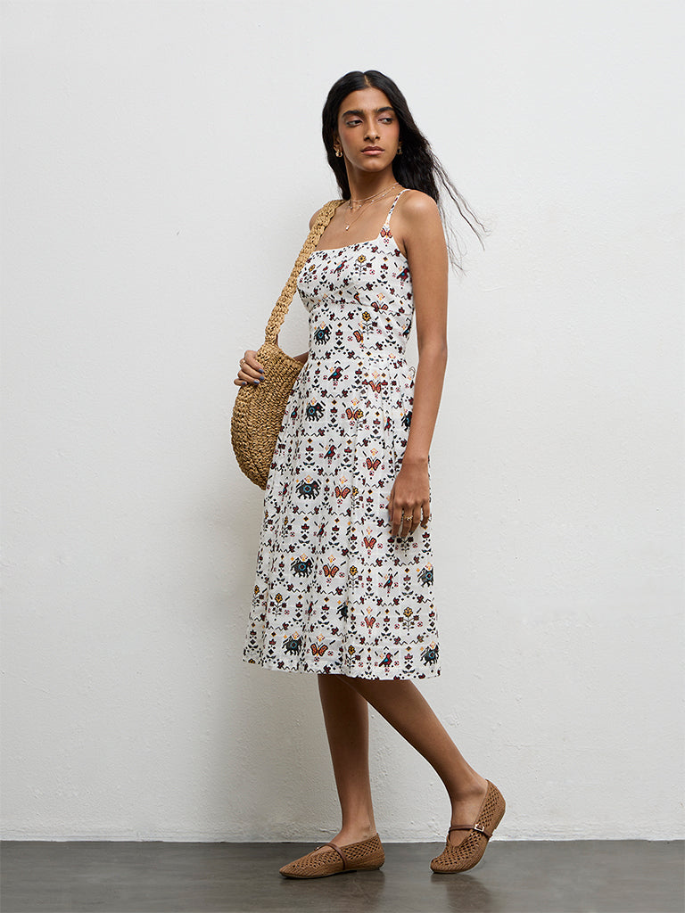 Bombay Paisley Off-White Floral Printed Cotton A-Line Dress