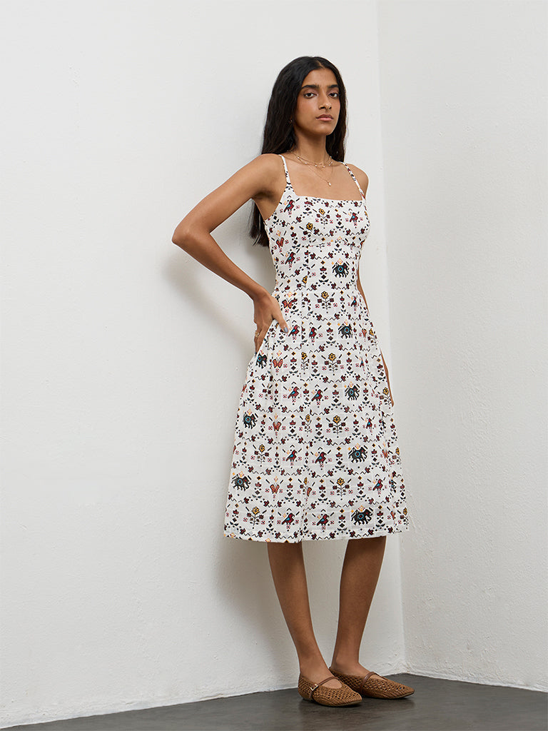 Bombay Paisley Off-White Floral Printed Cotton A-Line Dress