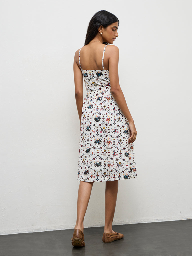 Bombay Paisley Off-White Floral Printed Cotton A-Line Dress