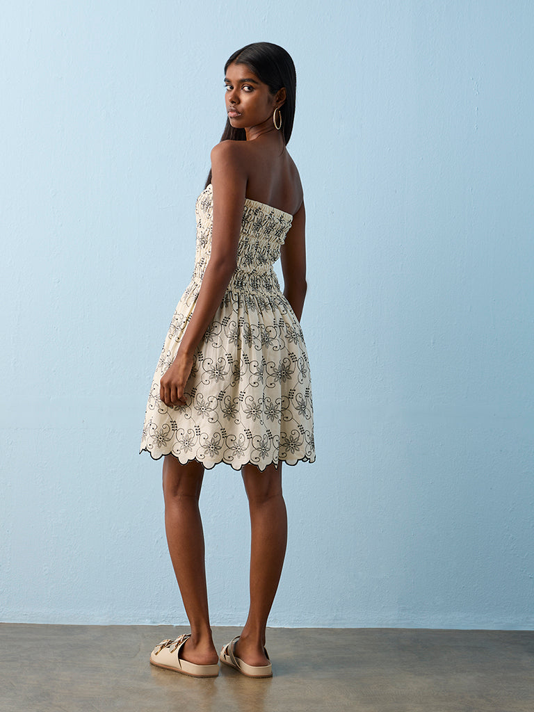 Bombay Paisley Off-White Floral Embroidered Cotton Tube Dress