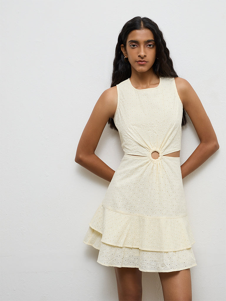 Bombay Paisley Off-White Cut-Out-Detail Cotton A-Line Dress