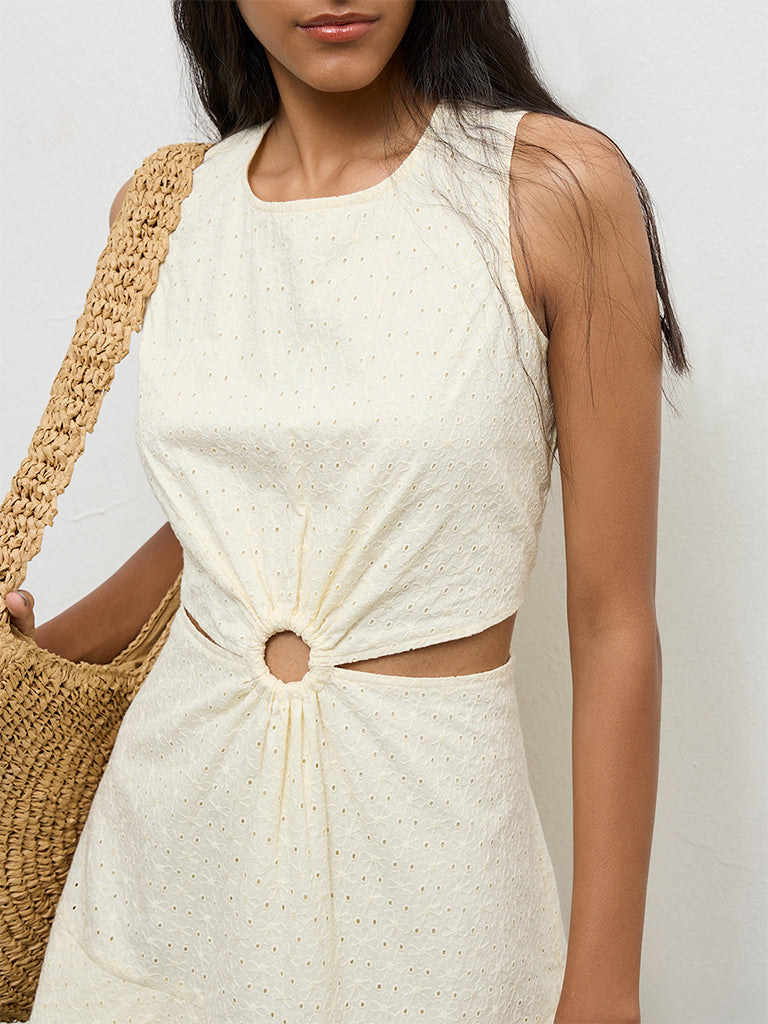 Bombay Paisley Off-White Cut-Out-Detail Cotton A-Line Dress