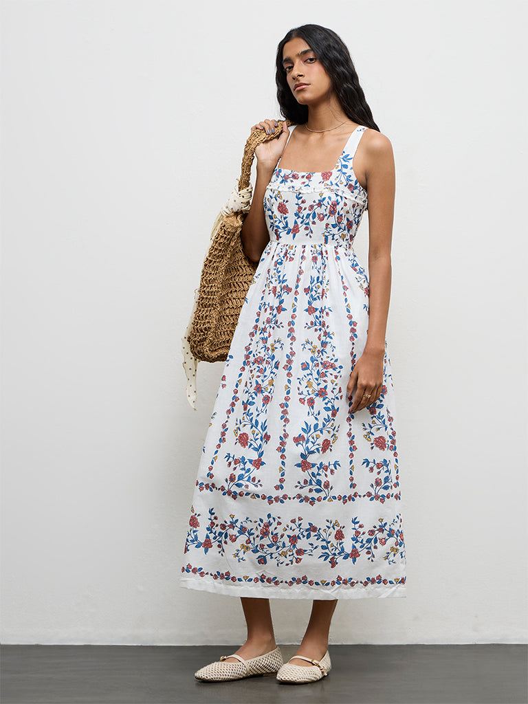 Bombay Paisley Off-White Floral Printed Cotton A-Line Dress
