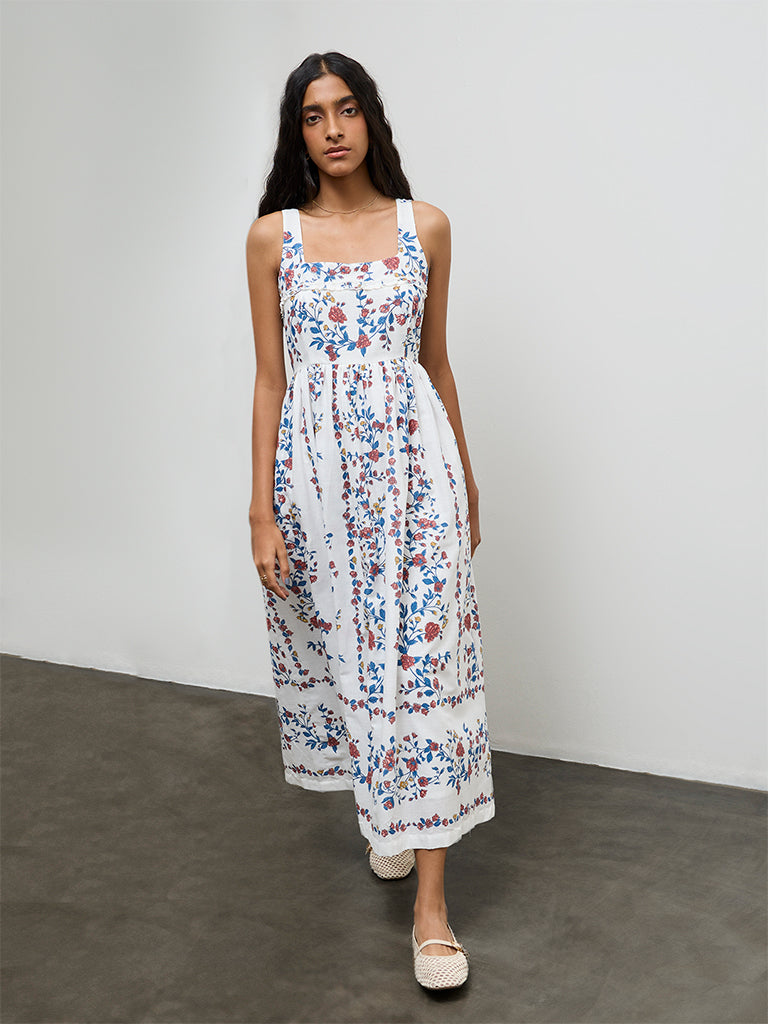 Bombay Paisley Off-White Floral Printed Cotton A-Line Dress