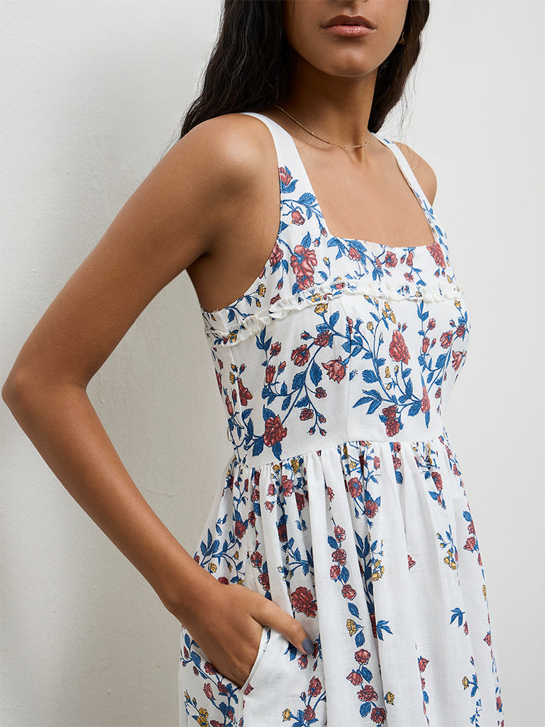 Bombay Paisley Off-White Floral Printed Cotton A-Line Dress