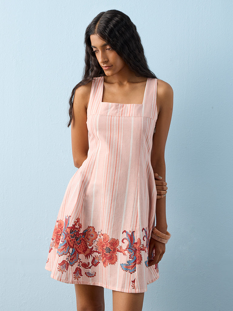 Bombay Paisley Orange Striped Cotton-Blend A-Line Dress
