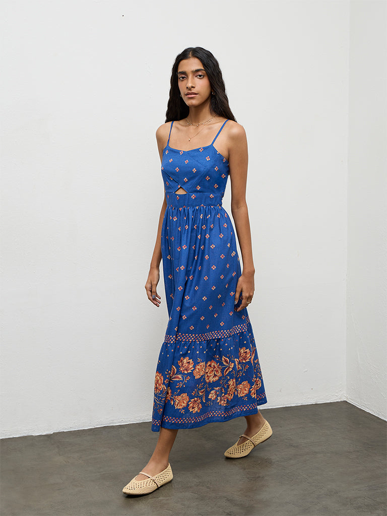 Bombay Paisley Blue Printed Cotton A-Line Dress