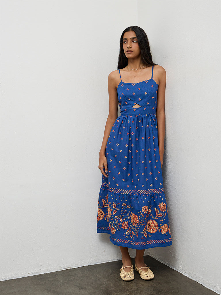 Bombay Paisley Blue Printed Cotton A-Line Dress