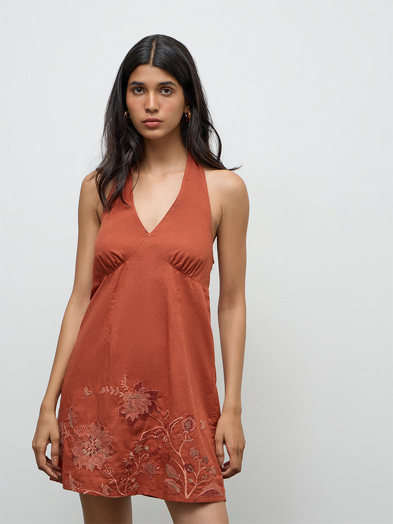Bombay Paisley Orange Floral Embroidered Cotton-Blend A-Line Dress
