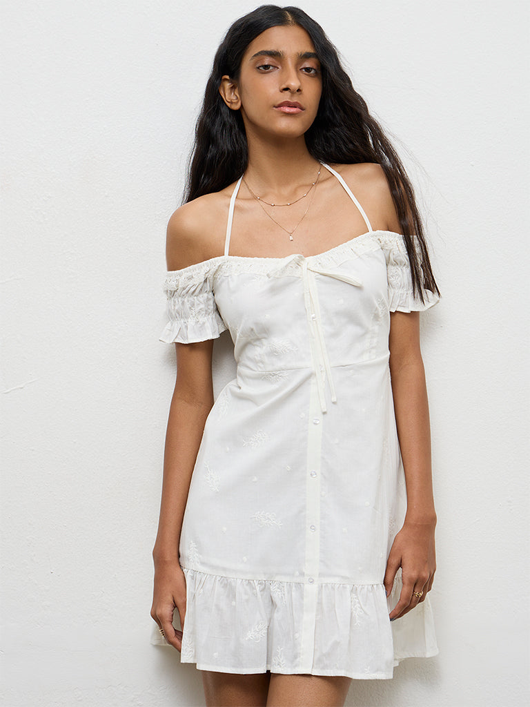 Bombay Paisley White Off-Shoulder Cotton A-Line Dress