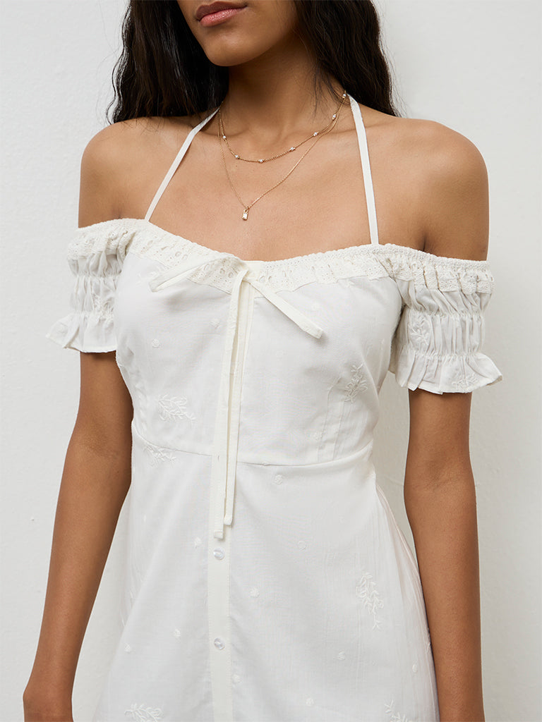 Bombay Paisley White Off-Shoulder Cotton A-Line Dress