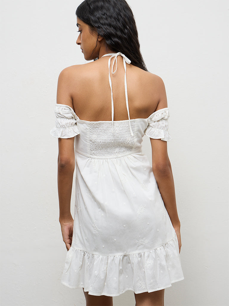 Bombay Paisley White Off-Shoulder Cotton A-Line Dress