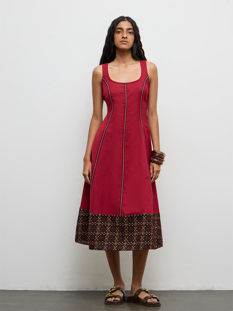 Bombay Paisley Red Embroidered Cotton-Blend A-Line Dress