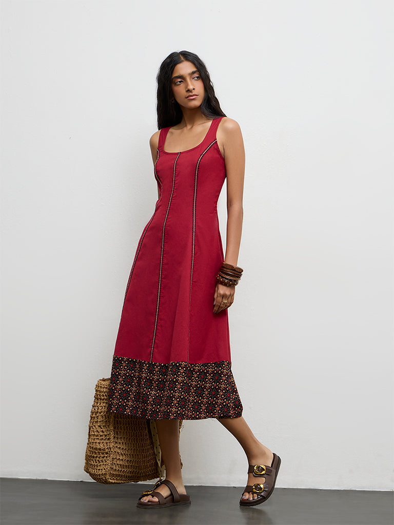 Bombay Paisley Red Embroidered Cotton-Blend A-Line Dress